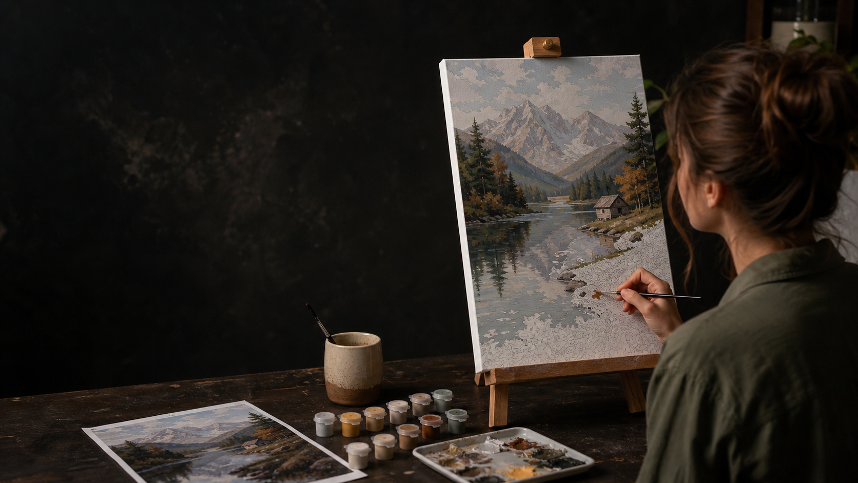 An artist painting an upright paint-by-number canvas