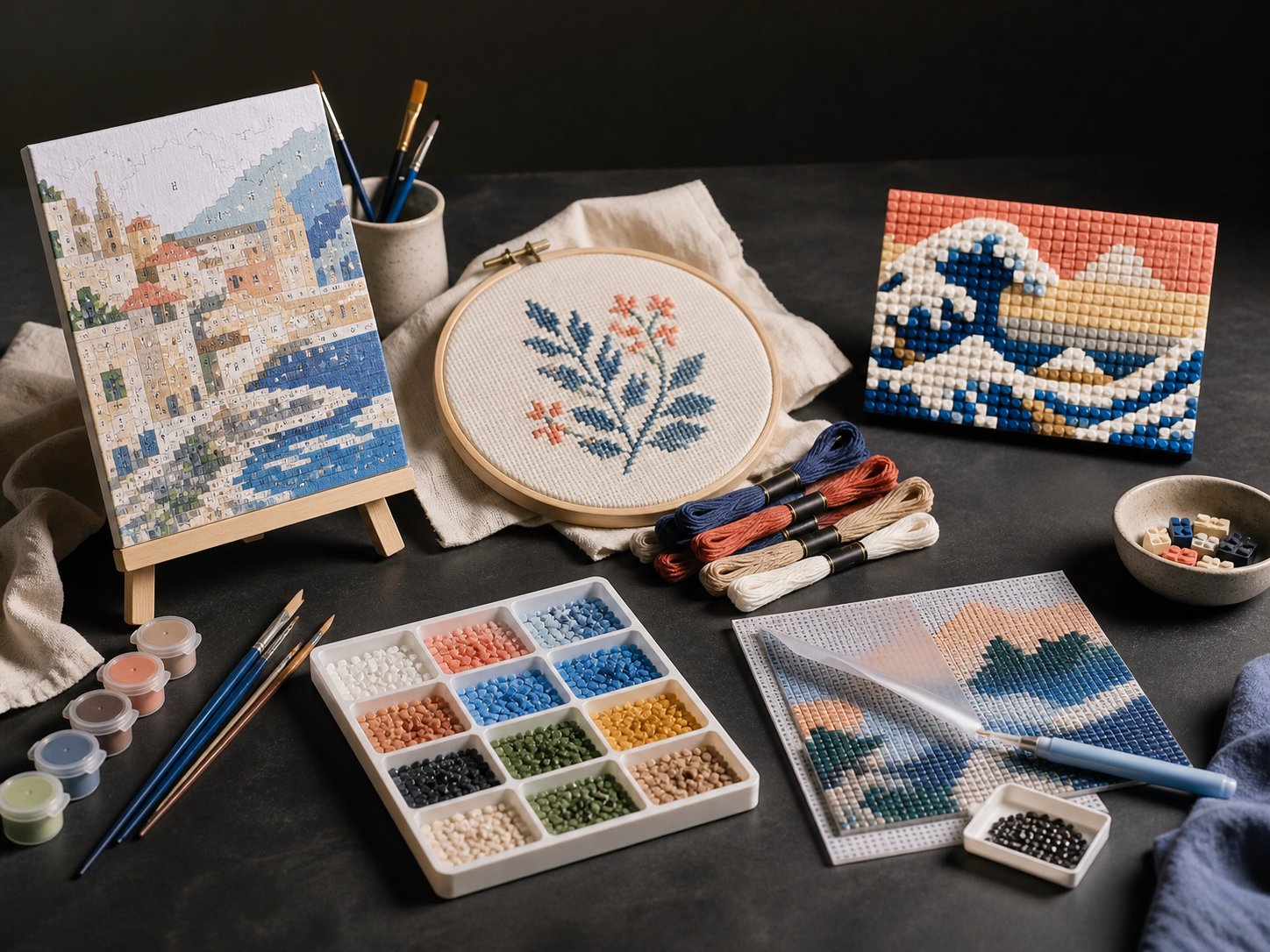A production table with paint by number, cross-stitch, diamond painting, and LEGO mosaic